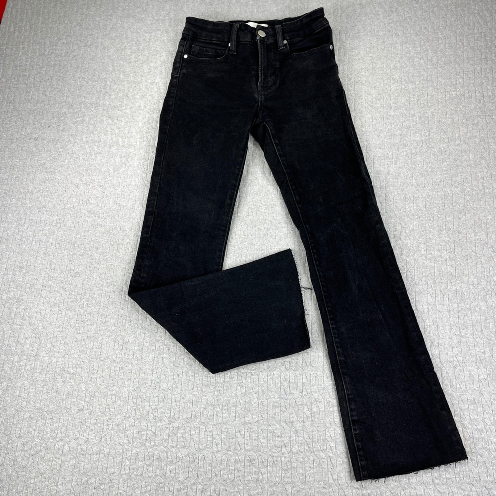 Zara Bootcut Flare Jeans Womens Size 0/23X27 Black Raw Hem mid Rise dark wash